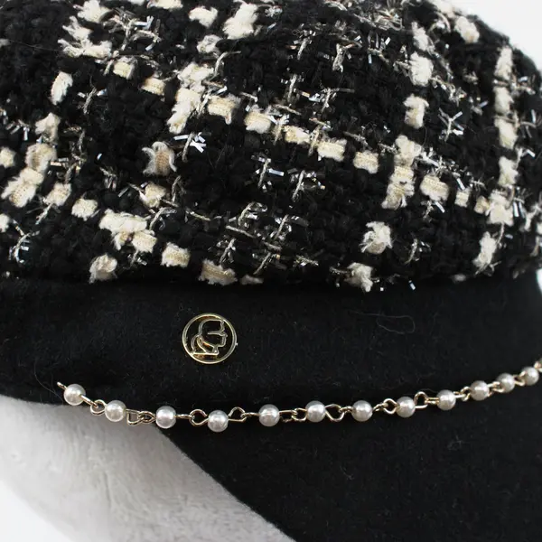 Karl Lagerfeld Women's Knit Cap Black White Metallic Faux Pearl