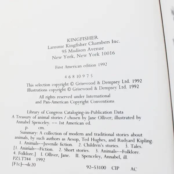 A Treasury of Animal Stories HC Kingfisher 1992 Jane Olliver Read-Aloud Ex-Lib