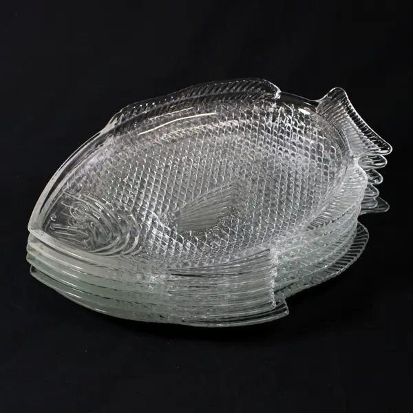 Set of 6 Vintage Fish-Shaped Clear Pressed Glass Snack Plates 11"