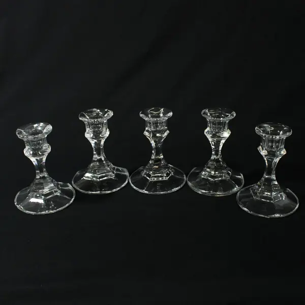 Lot of 5 Hexagon Shaped Glass Taper Candle Holders With Round Base 4"