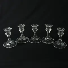 Lot of 5 Hexagon Shaped Glass Taper Candle Holders With Round Base 4"