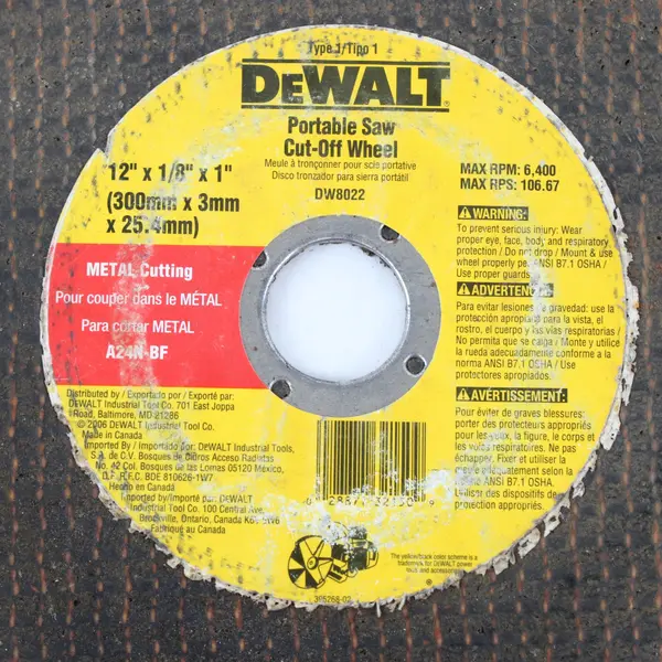 DEWALT DW8022 12in Portable Saw Cut-Off Wheel 1/8in x 1in Used