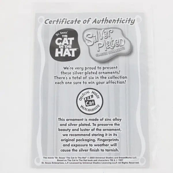 Dr. Seuss Cat in the Hat Silver-Plated Hanging Ornament BF-01-01 COA Packaging