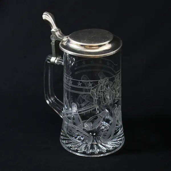 Domex Glass Beer Stein Etched Bowling Design Italian Glass German Components