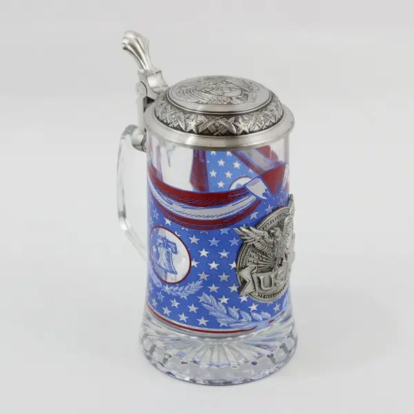 Domex Lidded Patriotic Beer Stein USA Eagle 95% Zinn Lid Italian Glass German