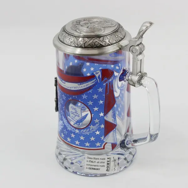 Domex Lidded Patriotic Beer Stein USA Eagle 95% Zinn Lid Italian Glass German
