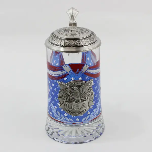 Domex Lidded Patriotic Beer Stein USA Eagle 95% Zinn Lid Italian Glass German