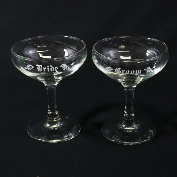 Set of 2 Vintage Bride & Groom Etched Champagne Coupe Wedding Toast Glasses 