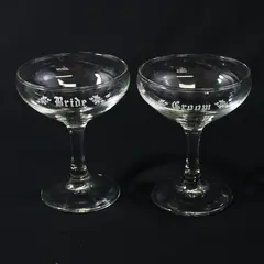 Set of 2 Vintage Bride & Groom Etched Champagne Coupe Wedding Toast Glasses 