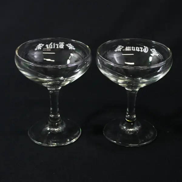 Set of 2 Vintage Bride & Groom Etched Champagne Coupe Wedding Toast Glasses 