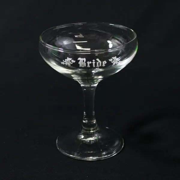 Set of 2 Vintage Bride & Groom Etched Champagne Coupe Wedding Toast Glasses 