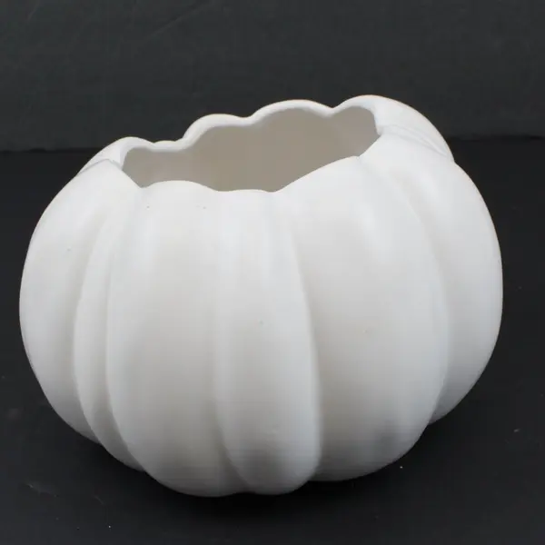White Ceramic Pumpkin Planter Flower Pot Ribbed Round