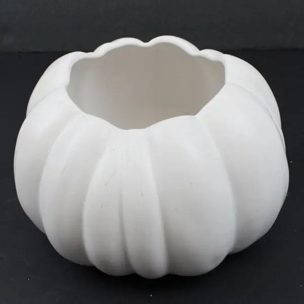 White Ceramic Pumpkin Planter Flower Pot Ribbed Round
