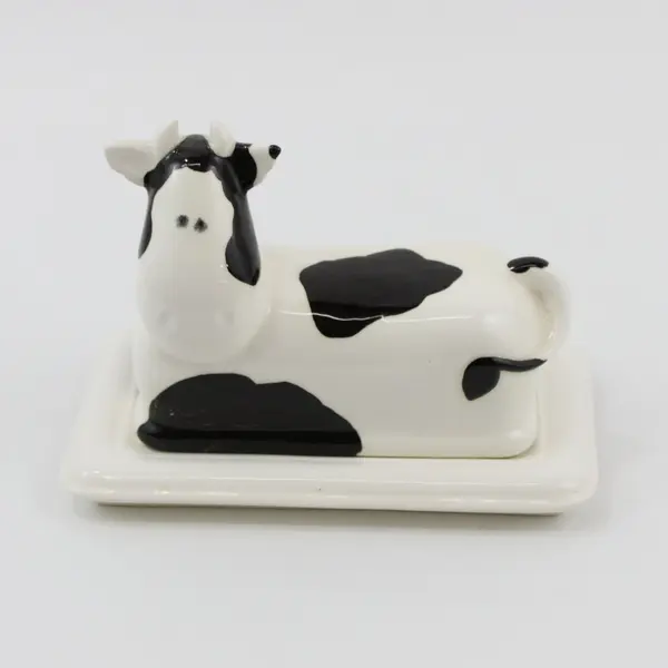 Vintage Black And White Cow Ceramic Butter Dish And Lid