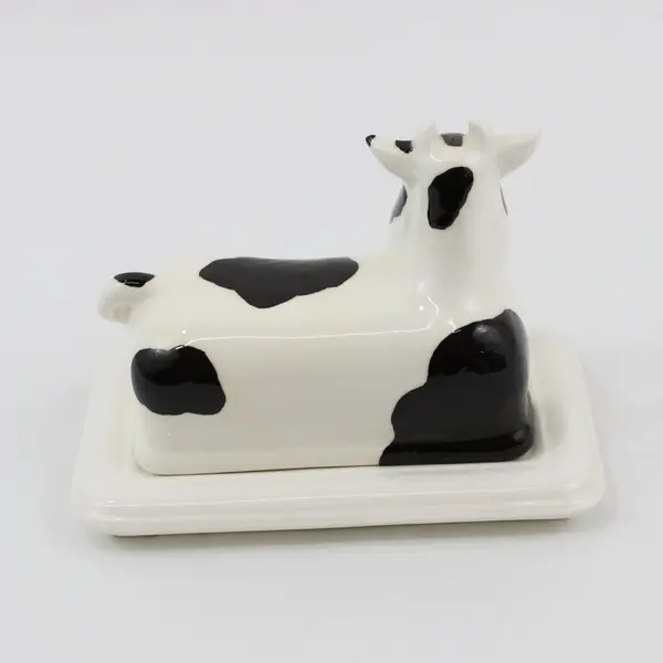 Vintage Black And White Cow Ceramic Butter Dish And Lid