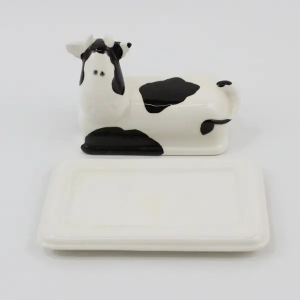 Vintage Black And White Cow Ceramic Butter Dish And Lid