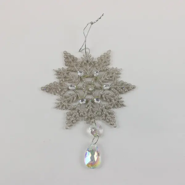 Snowflake Christmas Ornament Clear Stone Beaded Iridescent Teardrop