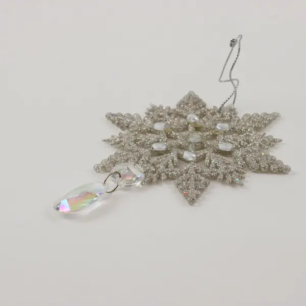 Snowflake Christmas Ornament Clear Stone Beaded Iridescent Teardrop