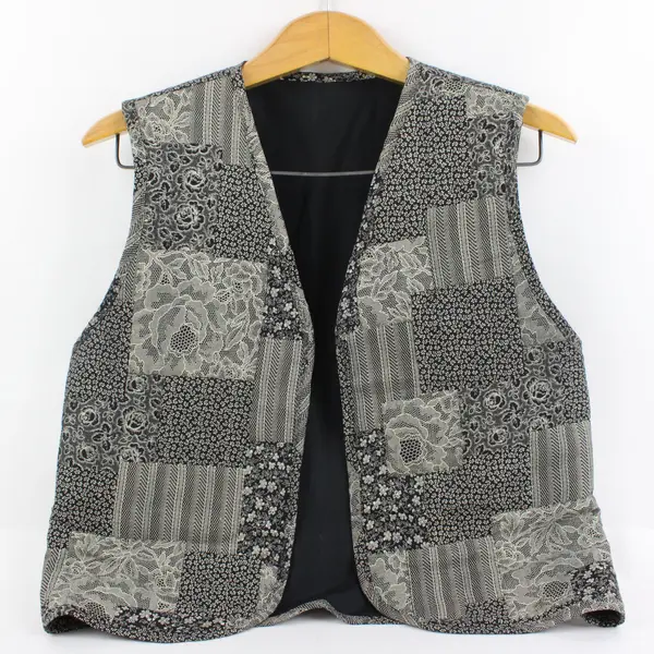 Women's Large Black Gray Floral Patchwork Open-Front Vest