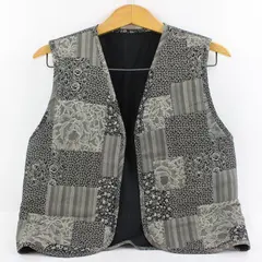 Women's Large Black Gray Floral Patchwork Open-Front Vest