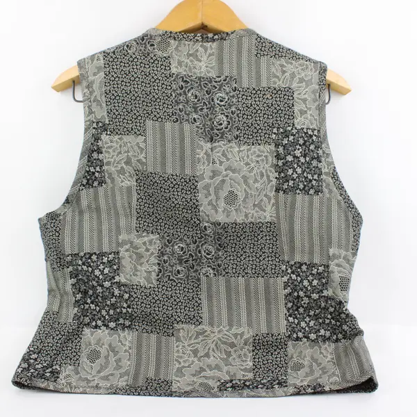 Women's Large Black Gray Floral Patchwork Open-Front Vest