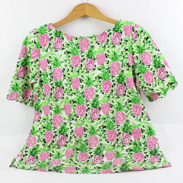 Charter Club Women's Medium Green Pink Pineapple Print Scalloped Neck T-Shirt