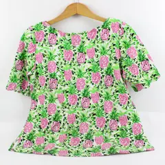 Charter Club Women's Medium Green Pink Pineapple Print Scalloped Neck T-Shirt