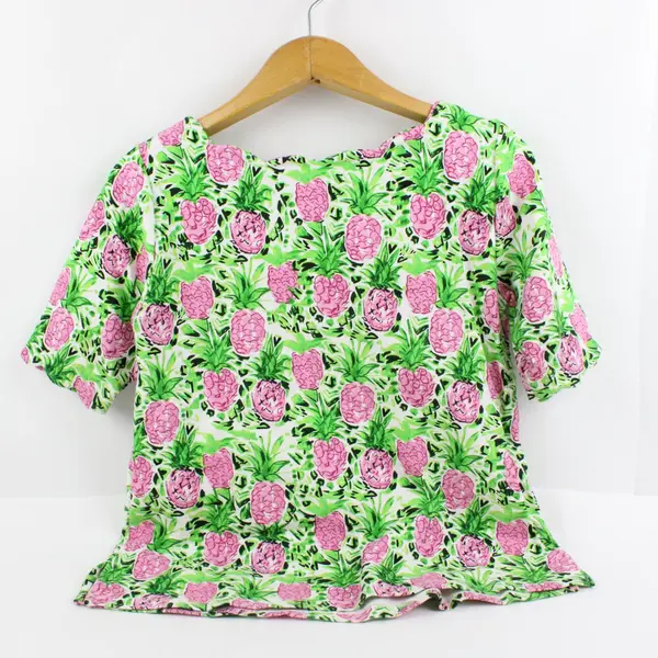 Charter Club Women's Medium Green Pink Pineapple Print Scalloped Neck T-Shirt