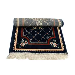 Navy Blue Wool Floral Area Rug Traditional Border 39.5x23.25