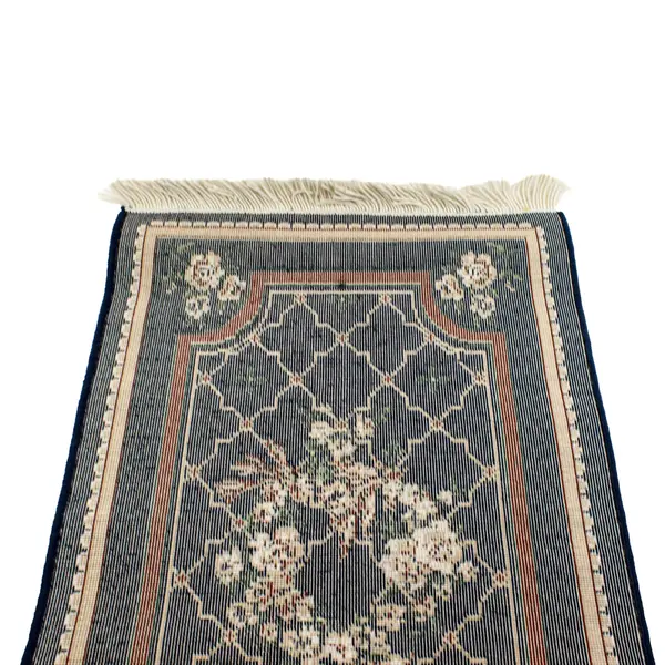 Navy Blue Wool Floral Area Rug Traditional Border 39.5x23.25
