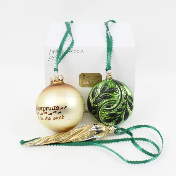 Lot of 3 Christmas Ornaments Footprints in Sand Green Swirl Gold Tone