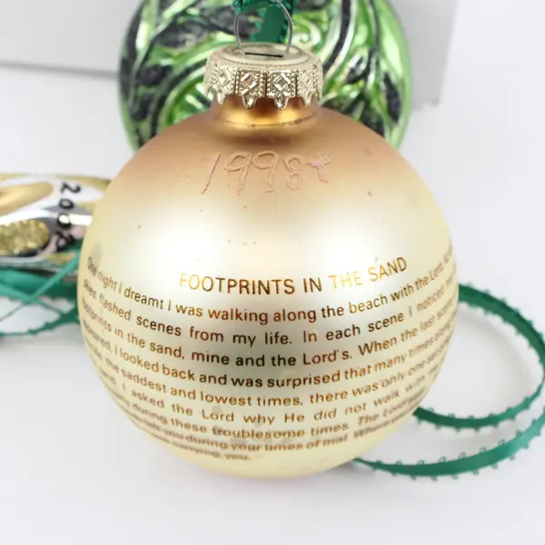 Lot of 3 Christmas Ornaments Footprints in Sand Green Swirl Gold Tone