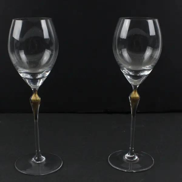 Pair of 2 Stemmed Wine Glasses Textured Gold Centerpiece, Marked "S" w/Crown   