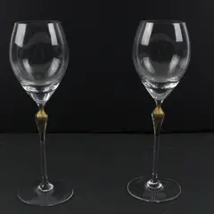 Pair of 2 Stemmed Wine Glasses Textured Gold Centerpiece, Marked "S" w/Crown   