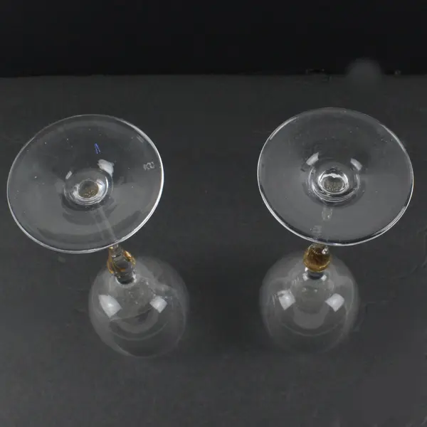 Pair of 2 Stemmed Wine Glasses Textured Gold Centerpiece, Marked "S" w/Crown   