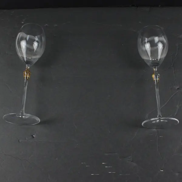Pair of 2 Stemmed Wine Glasses Textured Gold Centerpiece, Marked "S" w/Crown   