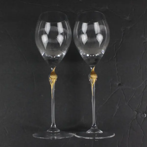 Pair of 2 Stemmed Wine Glasses Textured Gold Centerpiece, Marked "S" w/Crown   
