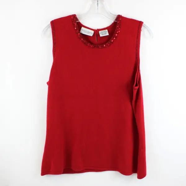 Jaclyn Smith Women's Red Sleeveless Knit Top Beaded Neckline Large