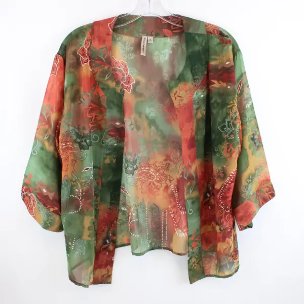 Susan Lawrence Women's Small Kimono Blouse Green Orange Floral