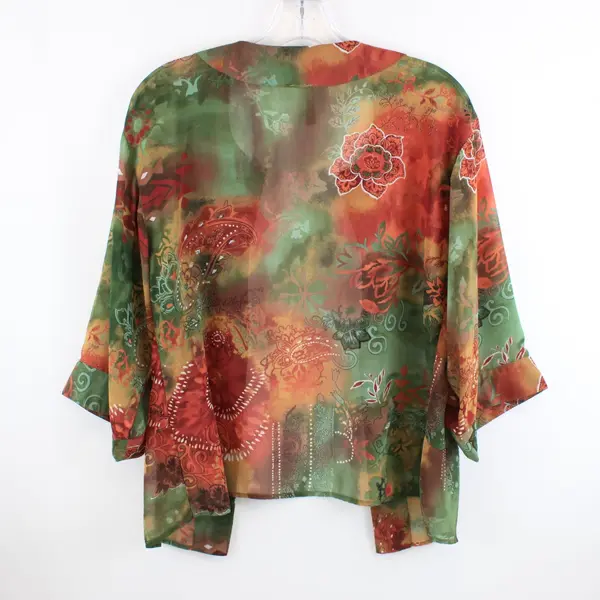 Susan Lawrence Women's Small Kimono Blouse Green Orange Floral