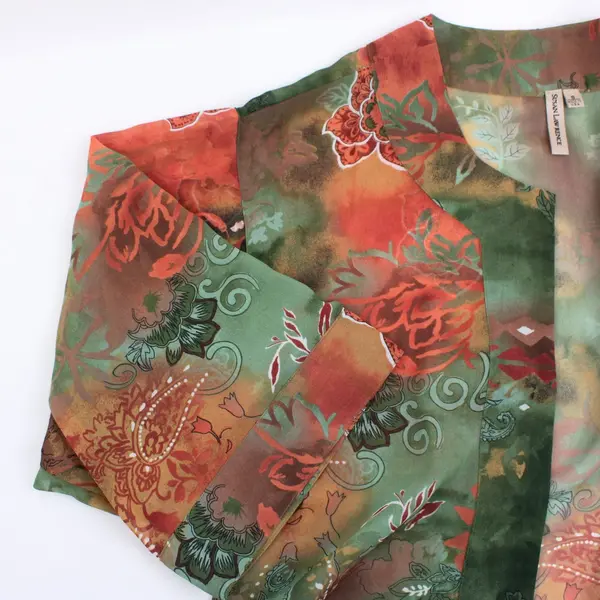 Susan Lawrence Women's Small Kimono Blouse Green Orange Floral