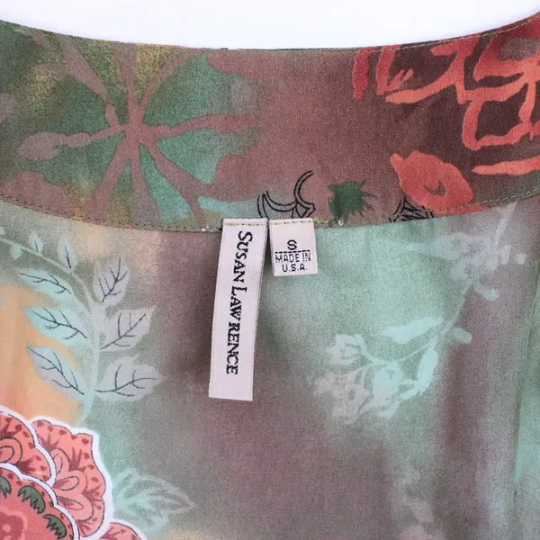 Susan Lawrence Women's Small Kimono Blouse Green Orange Floral