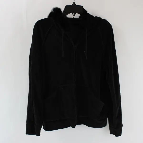 St. John's Bay Women's Large Black Velour Faux Fur Trim Hooded Jacket