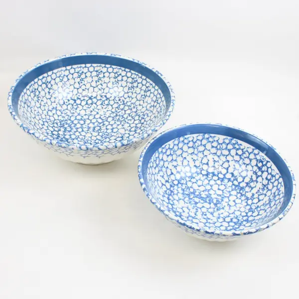 Blue White Speckled Enamelware Nesting Decorative/Mixing Bowls Set of 2
