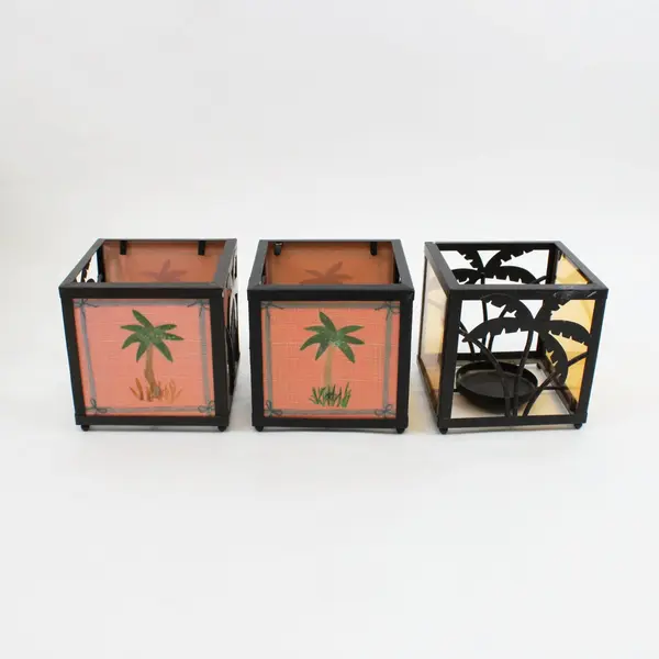 Stained Glass Palm Tree Square Votive Candle Holders 3 Pc Set