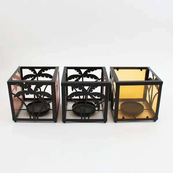 Stained Glass Palm Tree Square Votive Candle Holders 3 Pc Set