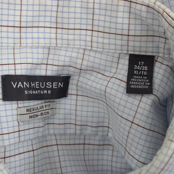 Van Heusen Signature Men's Regular Fit Non-Iron White Plaid Dress Shirt XL 34/35