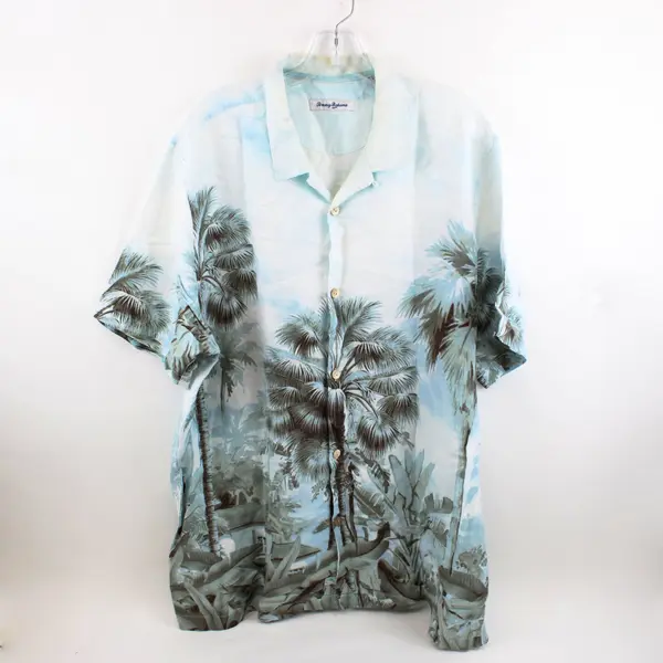 Tommy Bahama Men's XL Light Blue Palm Tree Tropical Button-Down Shirt 100% Linen