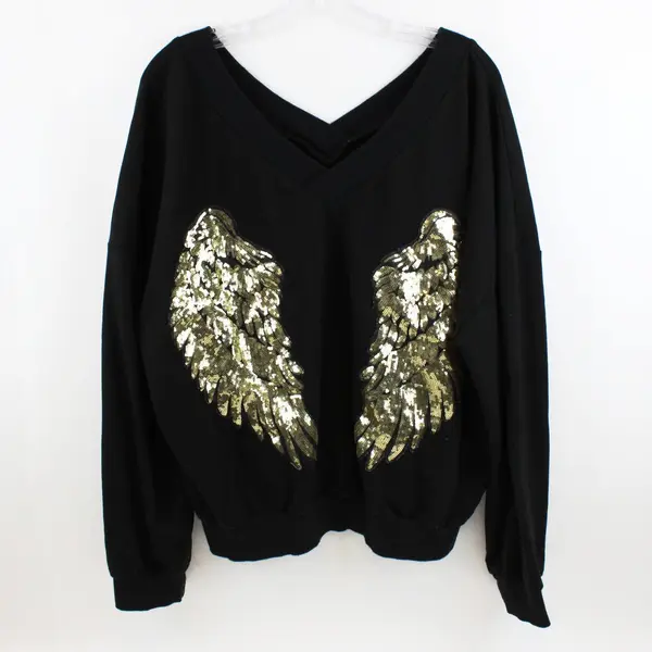 SHEIN Women's Black V-Neck Gold Sequin Angel Wings Sweater XL
