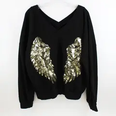 SHEIN Women's Black V-Neck Gold Sequin Angel Wings Sweater XL